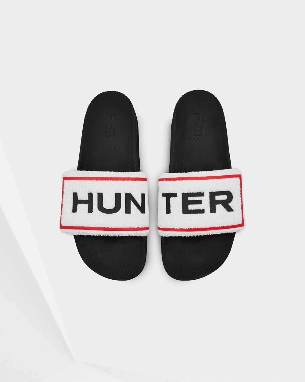 Mens Hunter Original Terry Towelling Logo Adjustable Slides Black | MNPFAK-736